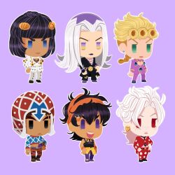 Rule 34 | 6+boys, argyle clothes, argyle hat, argyle sweater, black eyes, black hair, black necktie, blonde hair, blue eyes, bob cut, braid, bruno bucciarati, chibi, chibi only, cleavage cutout, clothing cutout, commentary, dark-skinned male, dark skin, earrings, english commentary, eveningeden, flat color, food-themed earrings, giorno giovanna, green eyes, guido mista, gun, hair ornament, hairband, hairclip, hand on own hip, handgun, hat, jacket, jewelry, jojo no kimyou na bouken, ladybug ornament, leone abbacchio, long hair, makeup, male focus, miniskirt, multiple boys, narancia ghirga, necktie, open mouth, orange hairband, pannacotta fugo, pants, pink jacket, pink pants, purple background, purple eyes, purple hat, purple lips, red eyes, red hat, red jacket, red pants, revolver, single braid, skirt, smile, striped clothes, striped pants, sweater, vento aureo, weapon, white hair, white jacket, white pants, yellow skirt