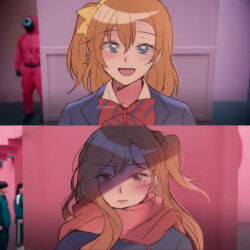 Rule 34 | 2girls, :d, blazer, blue coat, blue eyes, blue jacket, blush, bow, bowtie, character request, closed mouth, coat, color connection, commentary, diagonal-striped bow, diagonal-striped bowtie, diagonal-striped clothes, english commentary, frown, hair between eyes, hair bow, hair color connection, hair ornament, hair scrunchie, hairstyle connection, highres, ikizulive! love live! bluebird, jacket, kosaka honoka, long hair, looking at viewer, love live!, love live! school idol project, medium hair, meme, multiple girls, one side up, open mouth, orange hair, otonokizaka school uniform, photo background, red bow, red bowtie, red eyes, red scarf, red scrunchie, scarf, school uniform, scrunchie, shirt, sioneve, smile, squid game, striped clothes, tears, twitter username, white shirt, winter uniform, year 1 &amp; year 2 (squid game) (meme), yellow bow