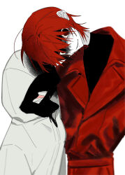 Rule 34 | 1boy, 1girl, bandaged head, bandages, coat, dilated pupils, head tilt, heroine (homicipher), highres, homicipher, hood, hood up, looking at viewer, mr. scarletella, raincoat, red coat, red eyes, red hair, short hair, simple background, upper body, white background, white raincoat, ze0reo