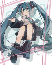 1girl 39 absurdres ankle_boots artist_name belt black_belt black_boots black_shorts black_sleeves blue_eyes blue_hair blue_necktie blue_socks boots detached_sleeves earrings grey_shirt grin hair_between_eyes hair_ornament hatsune_miku highres jewelry komerina long_hair miku_day necktie shirt shorts sleeveless sleeveless_shirt sleeves_past_wrists smile socks solo very_long_hair vocaloid