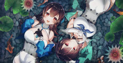 2girls absurdres atago_(blue_oath) black_gloves black_hair blue_jacket blue_neckwear blue_oath blue_ribbon blunt_bangs blush breasts cleavage cleavage_cutout clothing_cutout collar covered_navel dress fish gloves green_jacket hair_ribbon highres huge_filesize jacket large_breasts long_hair looking_at_viewer multiple_girls nagul necktie off_shoulder open_mouth red_eyes ribbon sailor_collar sailor_dress short_hair smile takao_(blue_oath) water white_dress white_sailor_collar