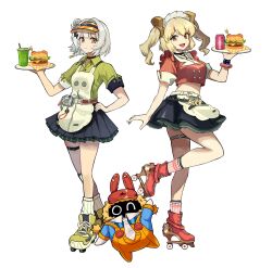 2girls :d absurdres anby_demara anby_demara_(operation_yum_2025) apron belt black_choker black_skirt blonde_hair braid burger burnice_white burnice_white_(operation_yum_2025) can choker drink drink_can food green_shirt green_shoes grey_hair hair_intakes hand_on_own_hip hashtag-only_commentary highres holding holding_plate long_hair looking_at_viewer maid_headdress midriff multiple_girls official_alternate_costume open_mouth orange_eyes plate red_shirt red_shoes roller_skates shirt shoes short_sleeves sidelocks simple_background skates skirt smile socks standing standing_on_one_leg thigh_belt thigh_strap visor_cap waist_apron watasi_tokimi white_apron white_background white_belt white_socks zenless_zone_zero