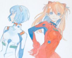 Rule 34 | 2girls, ayanami rei, bad id, bad tumblr id, blue hair, bodysuit, interface headset (evangelion), long hair, looking at viewer, looking to the side, mecha pilot suit, multiple girls, neon genesis evangelion, painting (medium), plugsuit (evangelion), red bodysuit, red eyes, red hair, short hair, simple background, smile, souryuu asuka langley, traditional media, wamo-3, watercolor (medium), white background, white bodysuit