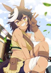 1girl abs absurdres ahoge animal_ears bandaged_arm bandaged_leg bandages bare_shoulders bike_shorts bike_shorts_under_skirt black_hair blue_sky blurry blurry_background boots breasts brown_gloves brown_hair brown_shoes cloud commission crop_top day falling_leaves gloves grin hair_between_eyes hand_up highres horse_ears horse_girl horse_tail indie_virtual_youtuber leaf looking_at_viewer medium_breasts midriff multicolored_hair muscular muscular_female navel outdoors pouch shiro9jira shirt shoes short_hair shorts shorts_under_skirt sitting skeb_commission skirt sky sleeveless sleeveless_shirt smile solo sparkle streaked_hair tail teeth thigh_strap tomoe_umari tomoe_umari_(1st_costume) v virtual_youtuber w white_hair yellow_eyes yellow_shirt