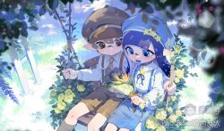 1boy 1girl artist_name beret blue_choker blue_eyes blue_hair blue_hat blue_ribbon blue_skirt blue_tongue bouquet brooch brown_eyes brown_hair brown_hat brown_shorts brown_socks choker closed_mouth collared_shirt colored_tongue flower flower_swing grass hat hat_ornament highres holding holding_bouquet inkling inkling_boy inkling_girl inkling_player_character jewelry kneehighs long_hair long_sleeves looking_at_another neck_ribbon necktie newsboy_cap nintendo on_swing open_mouth outdoors pabuk5w pointy_ears ribbon shirt short_hair shorts sitting skirt smile socks splatoon_(series) star_(symbol) star_brooch star_hat_ornament suspender_shorts suspender_skirt suspenders swing tentacle_hair watermark white_shirt yellow_necktie
