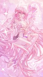 1girl absurdly_long_hair black_shorts boots breasts cleavage commentary corset diamond-shaped_pupils diamond_(shape) elysia_(herrscher_of_human:_ego)_(honkai_impact) elysia_(honkai_impact) gloves high_heel_boots high_heels highres holding holding_staff honkai_(series) honkai_impact_3rd large_breasts long_hair parted_lips pink_hair purple_eyes short_shinai shorts smile solo staff symbol-shaped_pupils triquetra very_long_hair white_boots white_corset white_gloves ytyutiktv
