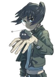 1girl amasawa_yuuko black_hair blue_shirt buttons closed_mouth creature dennou_coil fingernails floating_hair green_eyes green_jacket hair_between_eyes highres jacket long_sleeves mojo_(dennou_coil) navel shirt short_hair simple_background solo split_mouth tenshinhannnn twintails unbuttoned white_background