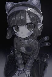 1girl arms_between_legs choker closed_mouth commentary earrings english_commentary film_grain greyscale hat hat_with_ears jewelry ketopon layered_sleeves long_sleeves monochrome monster_girl original pants pointy_ears shirt short_hair short_over_long_sleeves short_sleeves sitting slime_girl smile solo v_arms wariza x_hat_ornament