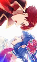 1boy 1girl black_coat blue_hair blunt_bangs coat commentary eye_contact flower furudo_erika hair_flower hair_ornament highres looking_at_another open_mouth pink_flower pink_rose red_hair rose short_hair simple_background suidousui umineko_no_naku_koro_ni ushiromiya_battler white_background