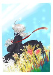 1girl ahoge assault_lily black_dress blue_sky border bouquet day dress feet_out_of_frame flower frilled_dress frilled_shirt_collar frills from_side fumi_(fumifumi3axl) grey_hair highres holding holding_bouquet long_sleeves outdoors red_flower red_ribbon ribbon sasaki_ran sky sleeves_past_fingers sleeves_past_wrists solo standing white_border white_flower yellow_flower