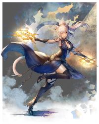 1girl animal_ears armor belt black_boots black_gloves blue_dress boots breasts cat_ears cat_girl cat_tail chakram cleavage commentary dancer_(final_fantasy) dress earrings eyes_visible_through_hair facial_mark final_fantasy final_fantasy_xiv fingerless_gloves from_side full_body gloves glowing glowing_weapon green_eyes heterochromia high_heels high_ponytail highres holding holding_weapon jewelry leg_up long_hair looking_to_the_side miqo&#039;te pauldrons ponytail red_eyes shoulder_armor shukei silver_hair sleeveless sleeveless_dress smile solo symbol-only_commentary tail thigh_boots thighhighs warrior_of_light_(ff14) weapon whisker_markings