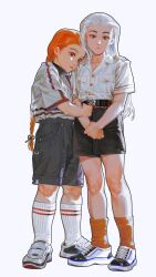 1boy 1girl absurdres belt black_belt black_outline black_shorts braid brown_eyes brown_ribbon buttons chinese_commentary closed_mouth collared_shirt commentary_request expressionless fang_ting full_body hair_ribbon highres holding_another&#039;s_arm long_hair orange_hair orange_socks original outline parted_lips red_eyes ribbed_socks ribbon shirt shoes short_sleeves shorts simple_background sneakers socks white_background white_hair white_shirt white_shoes white_socks