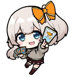 Rule 34 | 1girl, black skirt, black thighhighs, blue eyes, blush stickers, bow, card, chibi, grey hair, grey hoodie, hair bow, holding, holding card, hood, hood down, hoodie, marimari (vtuber), nejime, open mouth, orange bow, orange nails, phase connect, pleated skirt, short eyebrows, side ponytail, skirt, smile, solo, thighhighs, trading card, virtual youtuber