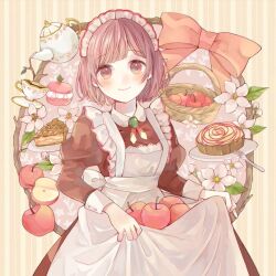 Rule 34 | 1girl, apple, apple pie, apple slice, apron, basket, black dress, blush, bow, branch, closed mouth, commentary request, cowboy shot, cup, dress, food, frilled apron, frills, fruit, green brooch, juliet sleeves, long sleeves, looking at viewer, maid, maid apron, maid headdress, original, outside border, pie, pie slice, plate, pouring, puffy sleeves, red bow, red eyes, red hair, saucer, short hair, skirt hold, smile, solo, striped background, teacup, teapot, tententuyu, vertical-striped background, white apron