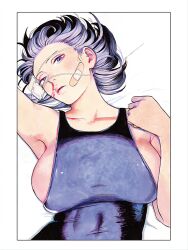 armpits bandaid blood breasts copyright_request eyepatch highres ken_sogen large_breasts looking_at_viewer medical_eyepatch non-web_source school_swimsuit simple_background swimsuit
