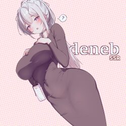 Rule 34 | 1girl, ?, @ @, ahoge, bag, black dress, blush, breasts, choker, covered navel, dontan dress, dress, grey hair, handbag, highres, indie virtual youtuber, large breasts, long hair, long sleeves, looking at viewer, open mouth, polka dot, polka dot background, ponytail, purple eyes, rapid17, solo