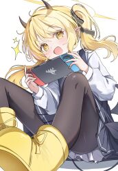 1girl :d absurdres black_horns black_pantyhose black_tail blonde_hair blue_archive boots commentary demon_horns demon_tail halo highres horns ibuki_(blue_archive) looking_at_viewer nintendo_switch open_mouth pantyhose simple_background smile solo tail umou_(umouawa) white_background yellow_boots yellow_eyes yellow_halo