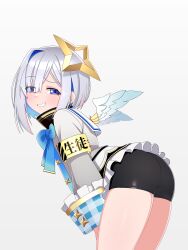 1girl absurdres amane_kanata amane_kanata_(1st_costume) angel_wings armband ass bent_over bike_shorts black_shorts blue_bow blue_bowtie blue_eyes blue_hair blush bow bowtie colored_inner_hair commentary dated_commentary feathered_wings from_side grey_hair grey_shirt halo highres hololive long_sleeves looking_at_viewer mingkozus mini_wings multicolored_hair pink_hair sailor_collar shirt short_hair short_shorts shorts sidelocks single_hair_intake smile solo star_halo streaked_hair teeth thighs virtual_youtuber white_sailor_collar wings yellow_armband