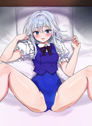 1boy 1girl absurdres bar_censor bed black_bow black_bowtie blue_eyes blue_leotard blue_vest bow bowtie breasts censored closed_mouth collared_shirt commission frills hetero highres izayoi_sakuya leotard lying m_legs maid medium_breasts medium_hair on_back penis pillow pixiv_commission pov pov_hands puffy_short_sleeves puffy_sleeves shirt short_sleeves smile solo_focus spread_legs touhou touhou_tag_dream tsujigiri vest white_hair white_shirt wrestling_outfit