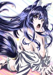 1girl animal_ears black_hair breasts delta_(kage_no_jitsuryokusha_ni_naritakute!) hair_between_eyes highres kage_no_jitsuryokusha_ni_naritakute! large_breasts long_hair nakanishi_kazuya open_clothes open_mouth purple_eyes solo tail wolf_ears wolf_girl wolf_tail