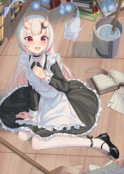 1girl absurdres accident alternate_costume apron arm_support black_bow black_choker black_dress black_shoes blush book bow broom choker collared_dress commentary_request crying crying_with_eyes_open dress enmaided eyelashes fang footwear_bow frilled_apron frilled_choker frilled_dress frills full_body gradient_hair grey_hair hand_up highres hololive horns indoors lemonqoq long_hair long_sleeves looking_at_viewer maid maid_apron multicolored_hair nakiri_ayame oni open_book open_mouth pantyhose pink_hair red_eyes red_pupils shoes sitting skin-covered_horns skin_fang solo straight_hair streaming_tears tears torn_book very_long_hair virtual_youtuber wariza white_apron white_pantyhose wooden_floor