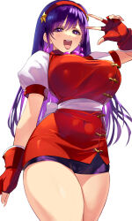 1girl absurdres asamiya_athena bike_shorts breasts curvy dress fingerless_gloves gloves hair_ornament hairband highres idol large_breasts long_hair looking_at_viewer open_mouth pants psycho_soldier purple_eyes purple_hair skirt smile smiley_face snk solo star_(symbol) star_hair_ornament the_king_of_fighters the_king_of_fighters_&#039;98 thick_thighs thighs tight_clothes tight_pants wide_hips