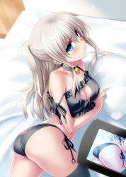 10s 1girl ass bare_shoulders bed bell blue_eyes blush bra breasts camcorder cat_cutout cat_ear_panties cat_lingerie charlotte_(anime) choker cleavage cleavage_cutout clothing_cutout female_focus jingle_bell long_hair lying neck_bell on_side panties parted_lips pillow recording side-tie_panties silver_hair solo strap_slip thighhighs tomori_nao twintails two_side_up underwear video_camera zen