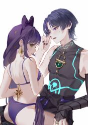 1boy 1girl adam&#039;s_apple alternate_hairstyle armor bare_shoulders black_bodysuit black_bow black_bridal_gauntlets black_nails black_shorts blunt_ends blush bodysuit bow bow_hairband bra bridal_gauntlets covered_collarbone covered_pectorals earrings eyeliner eyeshadow fang genshin_impact glowing_markings green_eyes hair_down hairband hand_on_own_chest highres japanese_armor jewelry kote kurokote long_hair looking_at_another looking_at_viewer makeup mandarin_collar mona_(genshin_impact) open_mouth panties pectorals purple_bra purple_eyes purple_hair purple_hairband purple_panties purple_rope red_eyeliner red_eyeshadow rope scaramouche_(genshin_impact) shorts sidelocks sideways_mouth sitting sitting_on_lap sitting_on_person sleeveless sleeveless_bodysuit star_(symbol) star_earrings star_ornament star_print straddling teeth toned toned_male underwear upper_teeth_only upright_straddle wanderer_(genshin_impact) white_background zhi_cai_bale