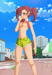 Rule 34 | 1girl, bakusou kyoudai let&#039;s &amp; go!!, bakusou kyoudai let&#039;s &amp; go!! max, bare shoulders, blue eyes, blue ribbon, blue sky, blush, breasts, breasts out, building, clothes lift, cloud, crop top, day, dedenchuu, denim, denim shorts, eyebrows, facing viewer, feet out of frame, female focus, fingernails, from below, green shorts, hair ribbon, hand up, highres, holding, legs apart, lifting own clothes, medium breasts, navel, nipples, no bra, oogami marina, outdoors, red hair, ribbon, shiny skin, shirt, shirt lift, short hair, short shorts, shorts, sky, sleeveless, sleeveless shirt, smelling, solo, standing, sweat, tank top, thighs, toy car, twintails, wiping face, wiping sweat, wiping with clothes