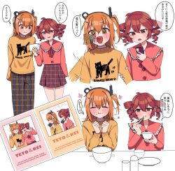 +_+ 2girls a.i._voice absurdres adachi_rei ahoge alternate_costume black_pants blush bowl cellphone chopsticks commentary_request drill_hair eating english_text engrish_text excited flailing flower_symbol food food_on_face frilled_shirt_collar frills furuima hair_ribbon happy_aura headlamp headphones highres holding holding_another&#039;s_arm holding_bowl holding_chopsticks holding_phone kasane_teto long_hair long_sleeves multiple_girls multiple_views neck_ribbon netsu_ijou_(utau) one_side_up open_mouth orange_eyes orange_hair pants phone photo_(object) pink_shirt plaid_clothes plaid_pants plaid_skirt plate pose_imitation print_sweater radio_antenna ranguage red_eyes red_hair red_ribbon red_skirt ribbon rice rice_on_face shirt simple_background skirt smartphone smile sweater translation_request twin_drills utau v-shaped_eyebrows white_background white_ribbon yellow_sweater