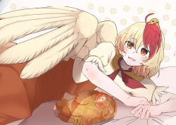 1girl absurdres ahoge animal animal_on_head bird bird_on_head blonde_hair blush chick chicken commentary dress feathered_wings highres multicolored_hair neckerchief niwatari_kutaka on_head open_mouth orange_dress orange_eyes red_hair red_neckerchief short_sleeves touhou two-tone_hair white_sagara wings yellow_wings