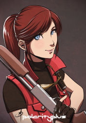 Rule 34 | 1girl, biker clothes, blue eyes, brown hair, claire redfield, female focus, fingerless gloves, gloves, gun, holding, holding gun, holding weapon, lips, long hair, over shoulder, polarityplus, ponytail, resident evil, resident evil 2, ringed eyes, shirt, shotgun, sideburns, smile, solo, sunglasses around neck, t-shirt, trigger discipline, upper body, vest, weapon, weapon over shoulder