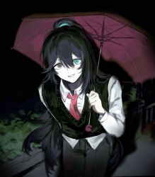 Rule 34 | 1boy, black eyes, black hair, black pants, black vest, blue eyes, collared shirt, heterochromia, high ponytail, highres, holding, holding umbrella, hong lu (project moon), jcm20040808, limbus company, long hair, long sleeves, looking at viewer, male focus, necktie, outdoors, pants, ponytail, project moon, red necktie, red umbrella, shirt, smile, solo, standing, umbrella, upper body, very long hair, vest, white shirt