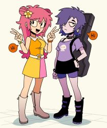 2girls absurdres ami_onuki boots double_v flower hi_hi_puffy_amiyumi highres multiple_girls short_hair skull smile v yumi_yoshimura