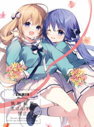2girls :d artist_name black_shoes blonde_hair blue_bow blue_eyes blue_hair blue_shirt bouquet bow chinese_text english_text female_focus flower hair_bow hakka_(suimya) holding holding_own_hair hug kurone_(suimya) loafers looking_at_viewer multicolored_bow multiple_girls one_eye_closed open_mouth pink_flower sailor_collar shirt shoes simple_background skirt smile socks suimya tagme twintails watermark white_background white_bow white_sailor_collar white_skirt white_socks yellow_flower