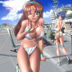 aircraft_carrier bikini blue_hair brown_hair flight_deck hairband long_hair military military_vehicle multiple_girls narukami_kaname_(flag_quarters) one_eye_closed ship short_hair sky swimsuit tagme warship watercraft wink