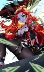 1girl absurdres aircraft black_bra black_choker black_gloves black_nails black_pantyhose blonde_hair bra breasts chest_strap choker cleavage colored_inner_hair cuffs dollar_sign earrings elly_(vtuber) eyewear_on_head falling_money fingerless_gloves fishnets glasses gloves green_eyes gun handcuffs helicopter highres indie_virtual_youtuber jacket jewelry large_breasts long_hair money multicolored_hair off_shoulder open_clothes open_jacket pantyhose red_hair red_jacket shoulder_tattoo solo tattoo tobosigen underwear virtual_youtuber weapon zipper