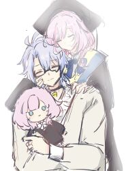 1boy 1girl absurdres ahoge black_choker black_robe blue_bow blue_bowtie bow bowtie character_doll choker cyrene_(honkai:_star_rail) doll ghost glasses grey_sweater hand_on_another&#039;s_cheek hand_on_another&#039;s_face hat highres holding holding_doll honkai:_star_rail honkai_(series) lianxielian mortarboard phainon_(honkai:_star_rail) pink_hair robe simple_background smile sweater white_background white_hair