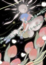 1girl absurdres antennae bare_shoulders barefoot black_background blue_hair blue_skin butterfly_wings closed_eyes closed_mouth colored_skin dress fairy fairy_wings flower full_body highres insect_wings multicolored_hair original pink_dress pink_flower pink_hair pink_tulip plant shieriru short_hair simple_background sitting solo tulip vines white_wings wings