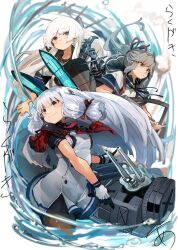 3girls absurdres adapted_turret anti-aircraft anti-aircraft_gun black_pantyhose blue_sailor_collar blue_skirt blunt_bangs blush breasts brown_eyes cannon dress gloves grey_hair hair_ribbon headgear highres kantai_collection long_hair looking_at_viewer machinery multiple_girls murakumo_(kancolle) murakumo_kai_ni_(kancolle) necktie orange_eyes pantyhose pleated_skirt ponytail red_necktie red_ribbon ribbon rigging sailor_collar sailor_dress school_uniform serafuku ship_turret shirakumo_(kancolle) shirt sidelocks signature skirt smile smokestack solo sunday_aki thighband_pantyhose torpedo_tubes tress_ribbon usugumo_(kancolle) water white_background white_hair