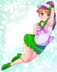 Rule 34 | 1girl, absurdres, arm behind back, arm up, armpits, back bow, bishoujo senshi sailor moon, boots, bow, breasts, bright pupils, brown hair, choker, circlet, closed mouth, collarbone, covered navel, earrings, flower earrings, full body, green boots, green choker, green eyes, green sailor collar, green skirt, hair bobbles, hair ornament, heart, high heel boots, high heels, highres, himehachi (hime8manga), jewelry, kino makoto, long hair, looking at viewer, magical girl, medium breasts, miniskirt, pink bow, pleated skirt, ponytail, sailor collar, sailor jupiter, sailor senshi uniform, shirt, skirt, sleeveless, sleeveless shirt, smile, solo, split mouth, star (symbol), star choker, super sailor jupiter, white pupils, white shirt