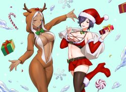 2girls alternate_costume animal_costume animal_hood aversa_(fire_emblem) bow bowtie breasts candy candy_cane christmas cleavage dark-skinned_female dark_skin female_focus fire_emblem fire_emblem_awakening fire_emblem_heroes food gift green_bow green_bowtie hat highres holding holding_gift hood igni_tion female_kiran_(fire_emblem) kiran_(fire_emblem) large_breasts looking_at_viewer multiple_girls navel nintendo no_bra partially_unzipped purple_hair reindeer_costume reindeer_hood santa_costume santa_hat snowflakes white_hair
