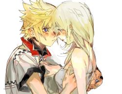 1boy 1girl blonde_hair blue_eyes blush breasts couple dress hair_between_eyes hand_on_another&#039;s_chest hands_on_another&#039;s_back high_collar imminent_kiss kingdom_hearts kingdom_hearts_ii meameeea medium_breasts medium_hair namine open_collar roxas short_sleeves spiked_hair upper_body white_background white_dress