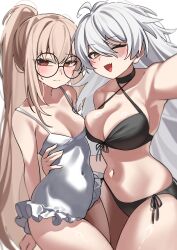 Rule 34 | 2girls, ;d, absurdres, armpits, artist request, bare shoulders, bikini, black-framed eyewear, black bikini, black choker, blonde hair, breasts, character request, check artist, choker, cleavage, commentary request, commission, covered navel, cowboy shot, criss-cross halter, embarrassed, frilled one-piece swimsuit, frills, front-tie bikini top, front-tie top, girls&#039; frontline, glasses, halterneck, hand on another&#039;s waist, highres, korean commentary, long hair, looking at viewer, medium breasts, multiple girls, navel, one-piece swimsuit, one eye closed, open mouth, outstretched arm, ponytail, red eyes, redshark (t373412), round eyewear, second-party source, selfie, side-tie bikini bottom, simple background, small breasts, smile, spaghetti strap, stomach, string bikini, sweat, swimsuit, thighs, type 80 (girls&#039; frontline), very long hair, white background, white hair, white one-piece swimsuit, yellow eyes