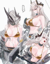 ... 1girl absurdres adapted_costume arknights bare_shoulders bikini bikini_top_pull black_horns blush bouncing_breasts breasts cleavage demon_horns earrings gold_bikini grey_hair hair_over_one_eye hammer highres holding holding_hammer horns infection_monitor_(arknights) jewelry jumpsuit large_breasts long_hair material_growth mudrock_(arknights) mudrock_(elite_ii)_(arknights) multiple_views navel open_jumpsuit open_mouth oripathy_lesion_(arknights) pointy_ears pulling_own_clothes red_eyes sideboob simple_background spoken_ellipsis sweat swimsuit uof war_hammer weapon white_background white_jumpsuit