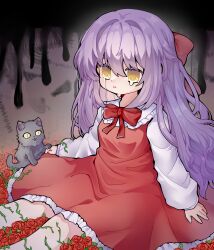 1girl absurdres animal cat child chinese_commentary commentary crying crying_with_eyes_open dress ellen_(majo_no_ie) flower hair_between_eyes hair_ribbon highres long_hair majo_no_ie orchidgod purple_hair red_dress red_flower red_ribbon red_rose ribbon rose sad tears thorns yellow_eyes