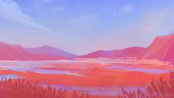 day grass mountain mountainous_horizon original outdoors painterly pink_theme plain sky star_(sky) starry_sky water zandra