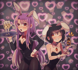 Rule 34 | 2girls, absurdres, adversarial noise, animal ears, bare shoulders, black hair, black leotard, blazer, blush, bow, bowtie, breasts, carrot necklace, champagne flute, cup, detached collar, drinking glass, fishnet pantyhose, fishnets, floppy ears, grey background, grin, heart, heart background, highres, holding, holding tray, inaba tewi, jacket, jewelry, konpota (pixiv 113398422), leotard, long hair, medicine, medium breasts, multiple girls, necklace, one eye closed, open mouth, pantyhose, pink bow, pink bowtie, pixel heart, playboy bunny, purple hair, rabbit ears, rabbit tail, red bow, red bowtie, red eyes, reisen udongein inaba, short hair, small breasts, smile, tail, tailcoat, touhou, tray, very long hair, wrist cuffs