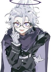 1boy :d absurdres ac_warlock adjusting_eyewear animal_ears aotsuki_eito armband belt black_halo cape chinese_commentary eyeshadow fox_ears gakuran glasses gloves grey_hair halo hand_on_eyewear hand_on_own_hip highres last_defense_academy_school_uniform looking_at_viewer makeup male_focus middle_finger open_mouth purple_cape purple_eyes red_eyeshadow school_uniform short_hair simple_background sketch smile solo teardrop-framed_glasses teeth the_hundred_line_-last_defense_academy- upper_teeth_only white_armband white_gloves