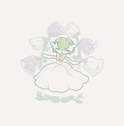 bob_cut closed_eyes colored_skin dress flower gardevoir gardevoir_day gen_3_pokemon green_hair grey_background highres ior_yy mega_gardevoir mega_pokemon nintendo pokemon pokemon_(creature) purple_flower simple_background smile white_dress white_flower white_skin